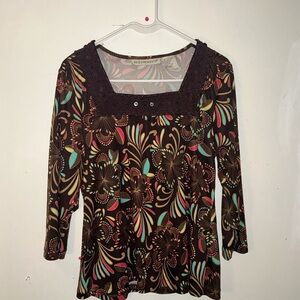 Requirements Floral Crochet-Trim Long Sleeve Top - Brown Multi